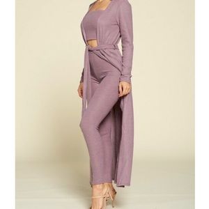 3 Piece Lounge Set all in a light knit fabric material. Tube Tank Pants Cardigan